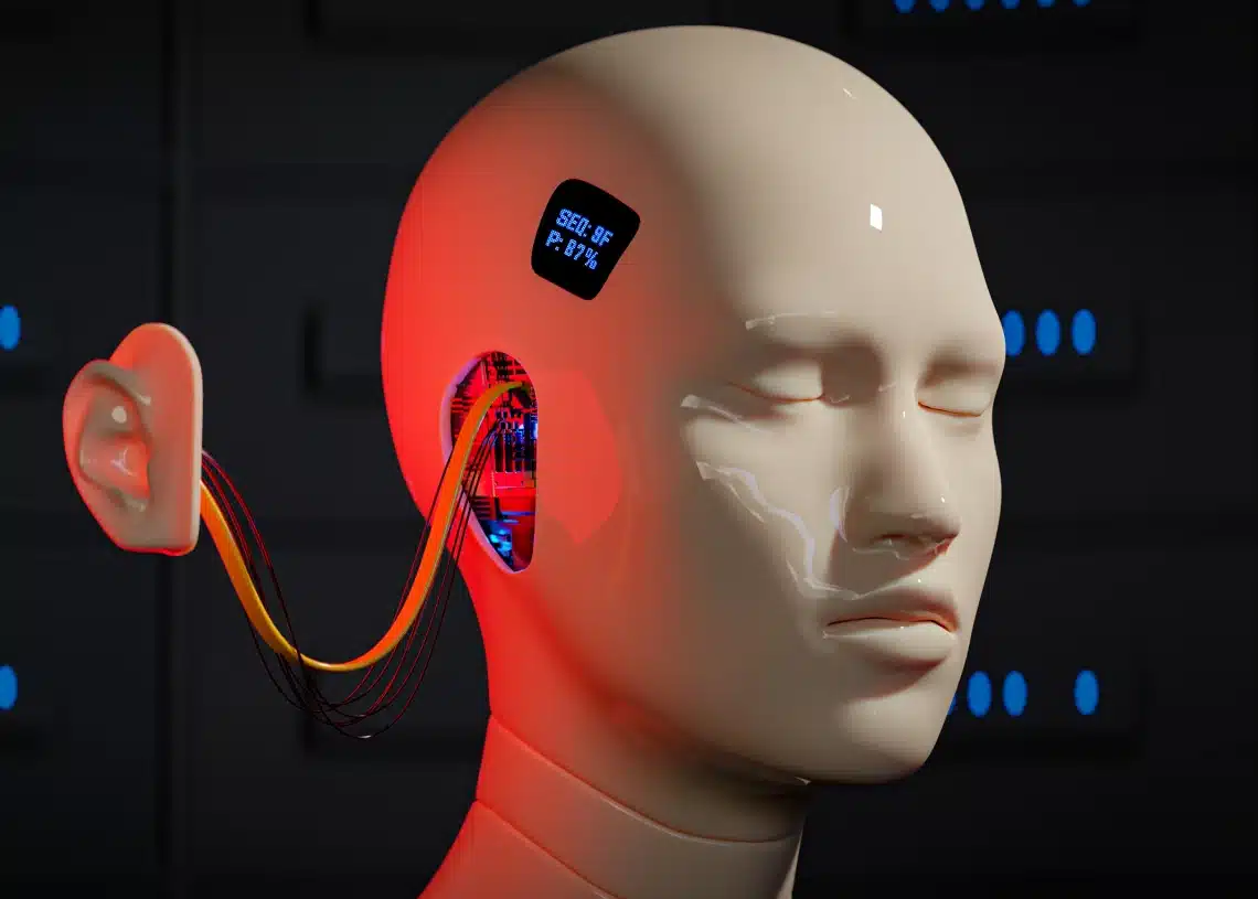 ai humanoide hvor øret er taget af for opkobling til internettet - kunstig intelligens