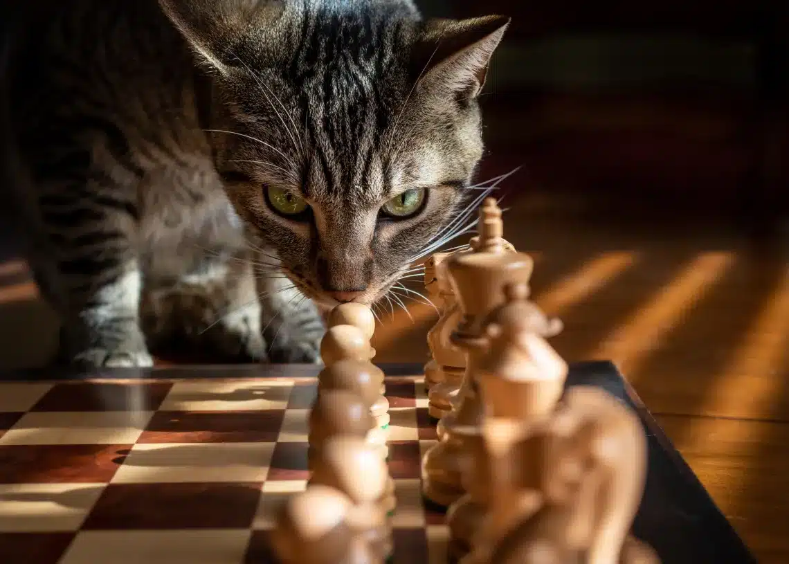 strategi kat står og kigger på skakbrikker som udtryk for strategi